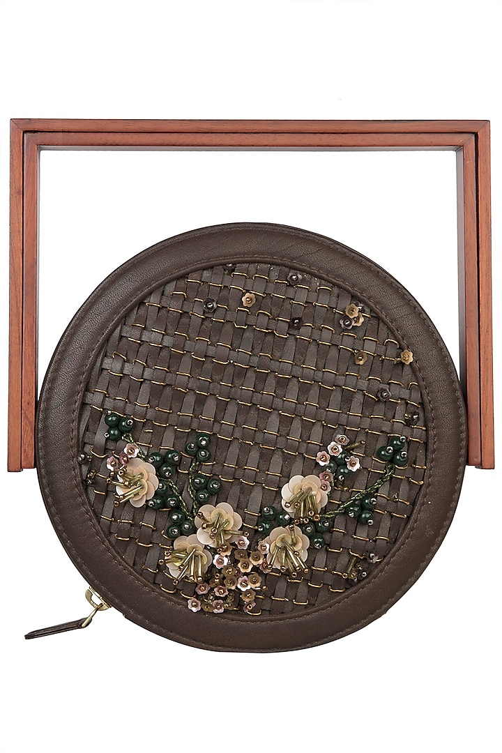 Brown Circular Sequins Embroidered Box Clutch by Duet Luxury