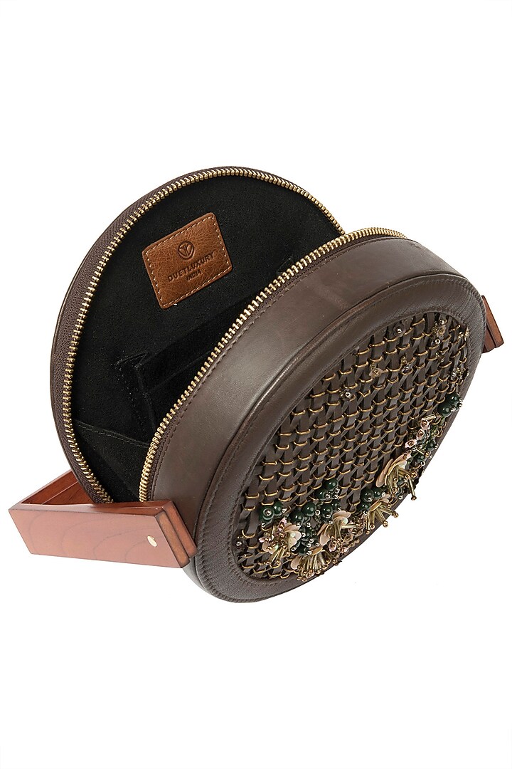 Brown circular sequins embroidered box clutch available only at Pernia's Pop Up Shop.