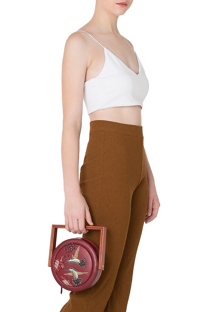 Red circular sequins embroidered box clutch available only at Pernia's Pop Up Shop.