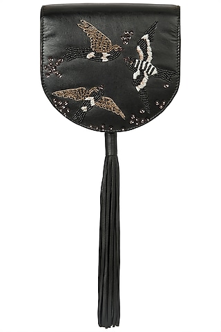 Charcoal Black Embroidered Tassel Clutch by Duet Luxury