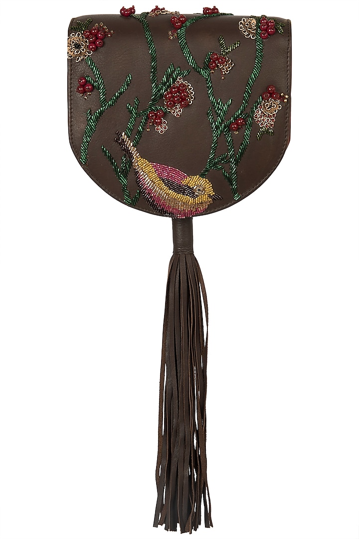 Brown Embroidered Tassel Clutch by Duet Luxury