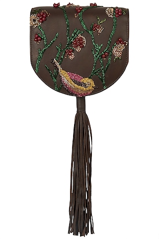 Brown Embroidered Tassel Clutch by Duet Luxury