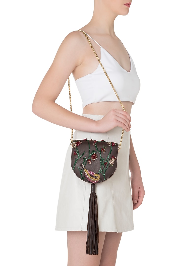 Brown embroidered tassel clutch available only at Pernia's Pop Up Shop.