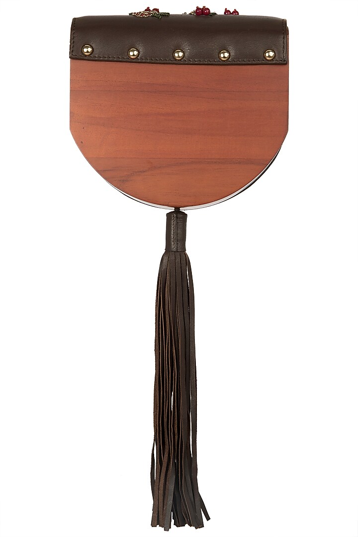 Brown embroidered tassel clutch available only at Pernia's Pop Up Shop.