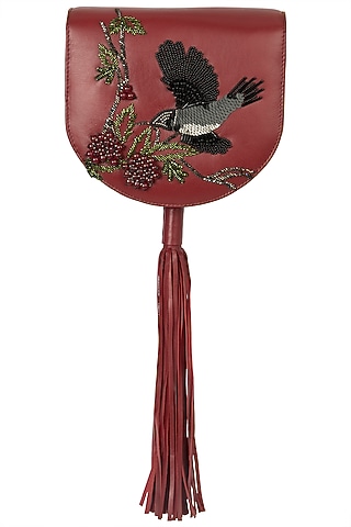 Red Embroidered Tassel Clutch by Duet Luxury