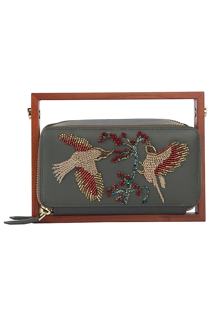 Grey Wood and Leather Embroidered Clutch by Duet Luxury