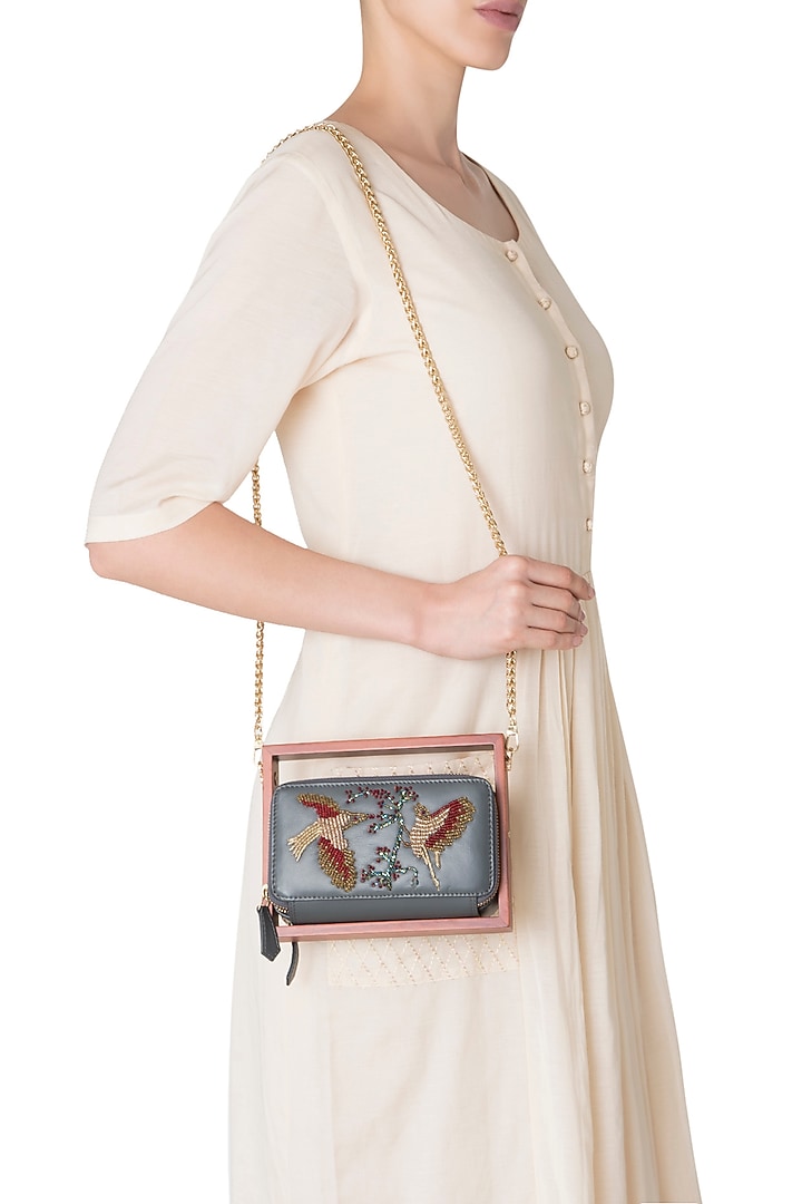 Grey wood and leather embroidered clutch available only at Pernia's Pop Up Shop.