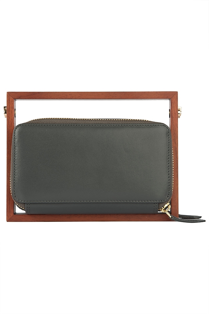 Grey wood and leather embroidered clutch available only at Pernia's Pop Up Shop.