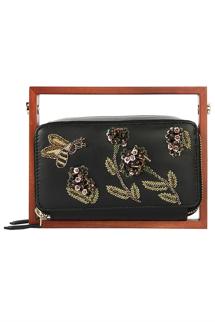 Black Wood and Leather Embroidered Clutch by Duet Luxury
