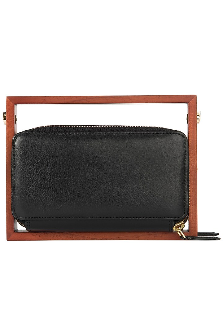 Black wood and leather embroidered clutch available only at Pernia's Pop Up Shop.