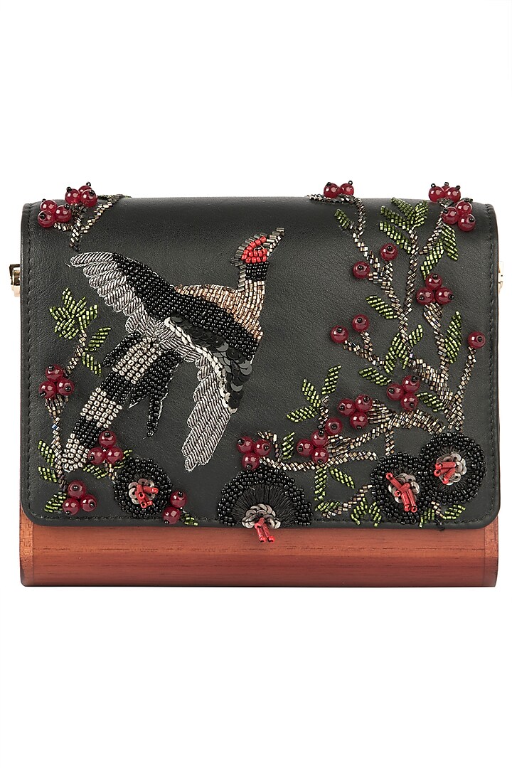 Charcoal Black Embroidered Flapover Clutch by Duet Luxury
