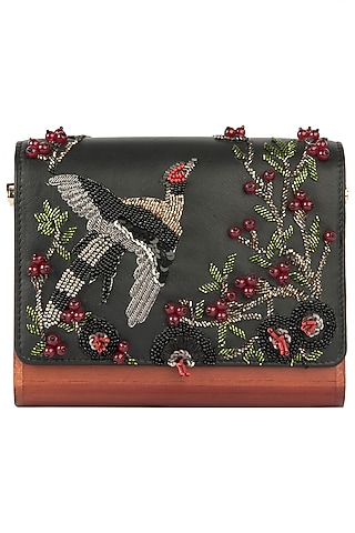 Charcoal Black Embroidered Flapover Clutch by Duet Luxury