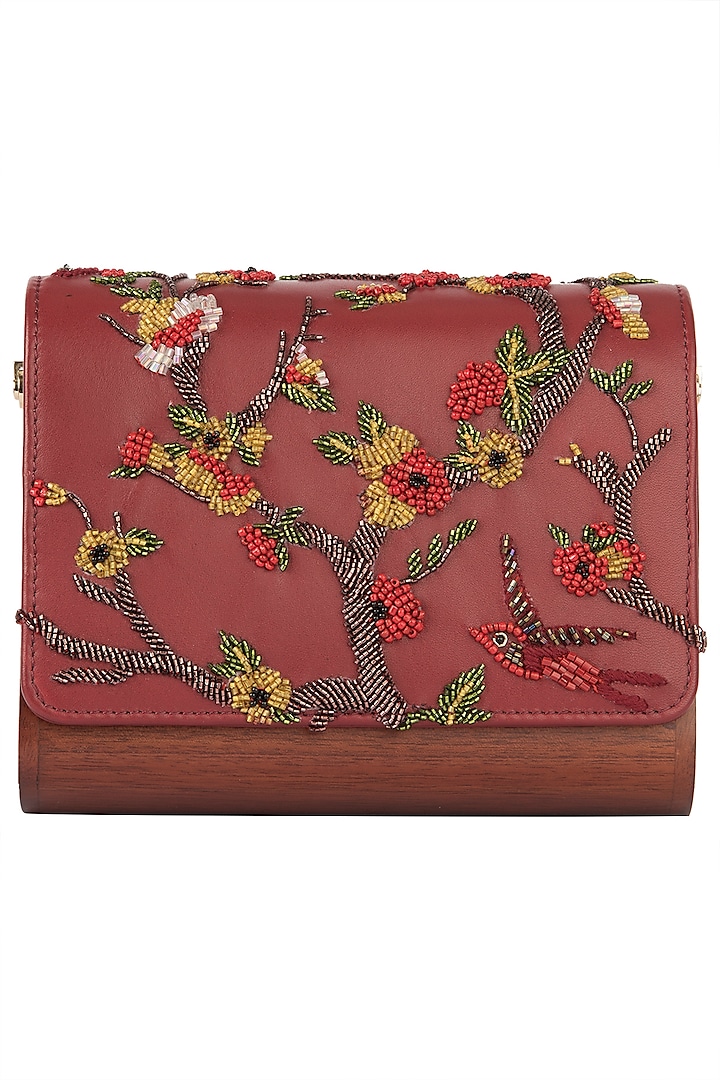 Red Embroidered Flapover Clutch by Duet Luxury
