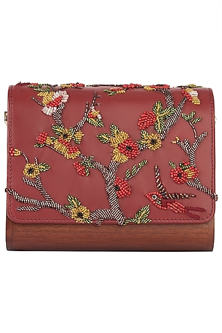 Red Embroidered Flapover Clutch by Duet Luxury