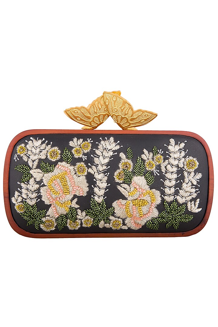 Black floral embroidered clutch bag by Duet Luxury