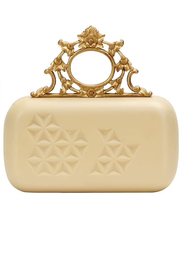 Cream and gold "Ornate" rectangular box clutch by Duet Luxury