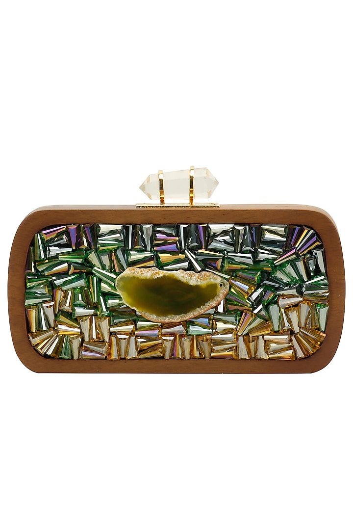 Walnut and green rectangular box clutch by Duet Luxury