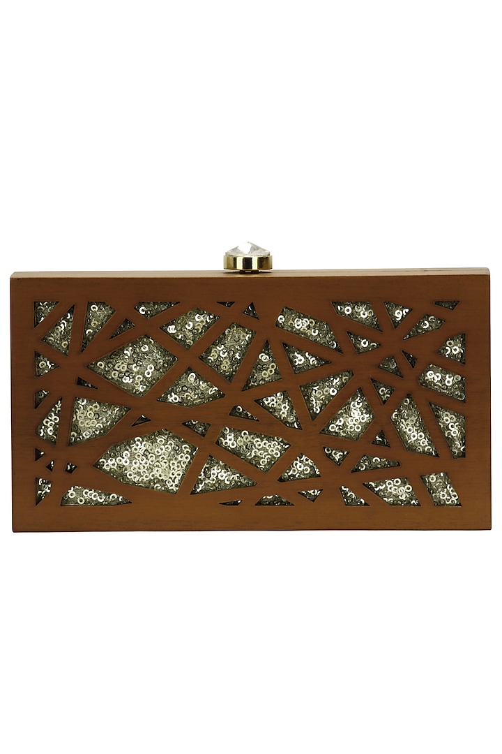 Walnut and gold "Cut it out" rectangular box clutch by Duet Luxury