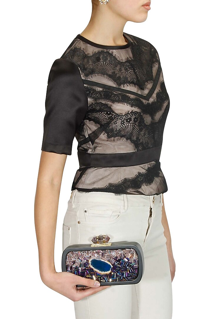 Black "purple haze" rectangular box clutch available only at Pernia's Pop Up Shop.