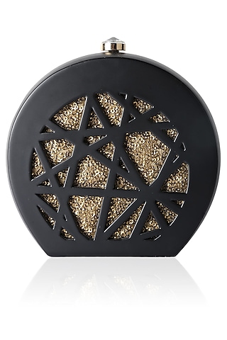 Black Round Box Clutch With Gold Sequins Insert by Duet Luxury