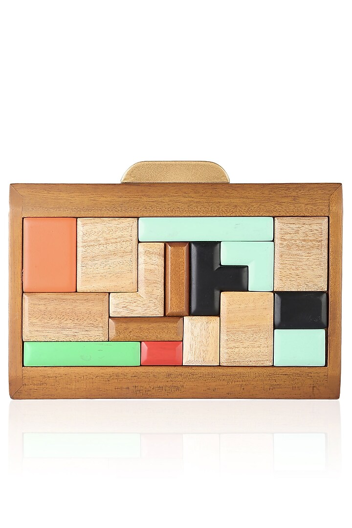 Multicolor Blocks Wood Frame Rectangular Box Clutch by Duet Luxury