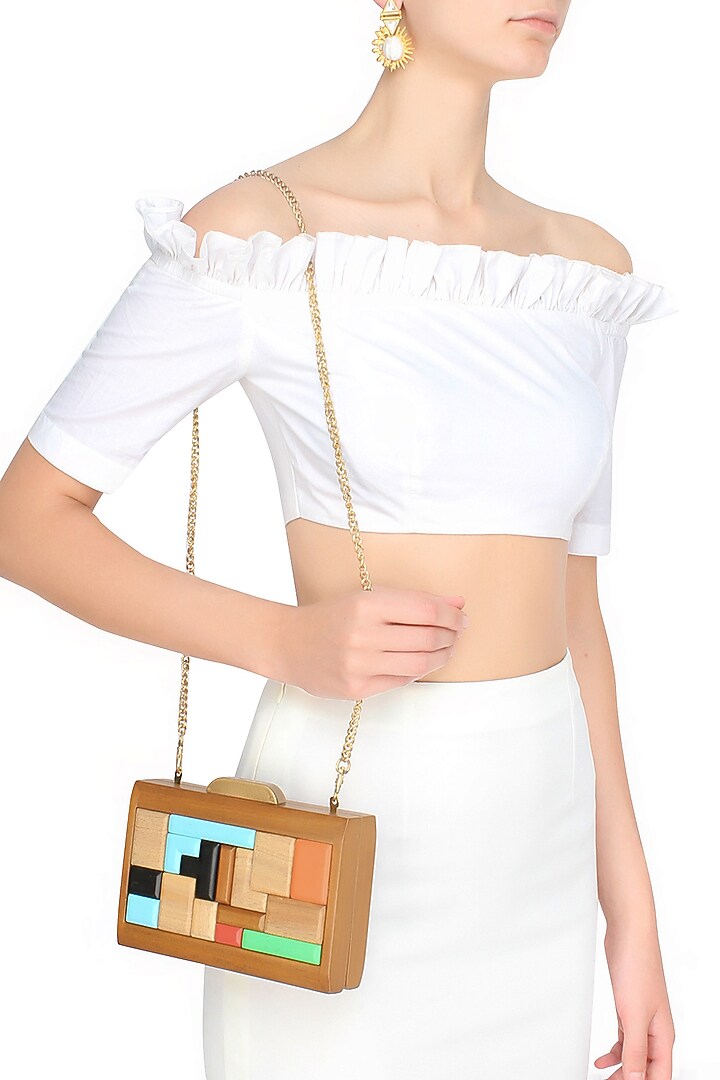 Duet luxury presents Multicolor blocks wood frame rectangular box clutch available only at Pernia's Pop Up Shop.