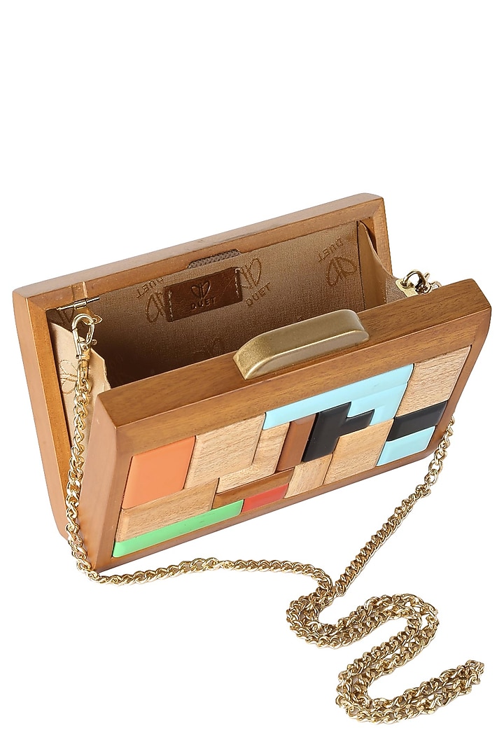 Duet luxury presents Multicolor blocks wood frame rectangular box clutch available only at Pernia's Pop Up Shop.