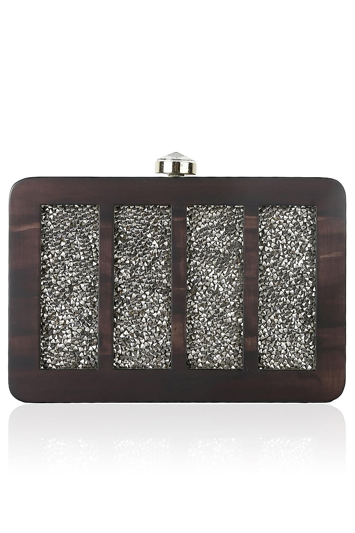 Duet luxury presents Black wood shiny silver swarovski mesh box clutch available only at Pernia's Pop Up Shop.