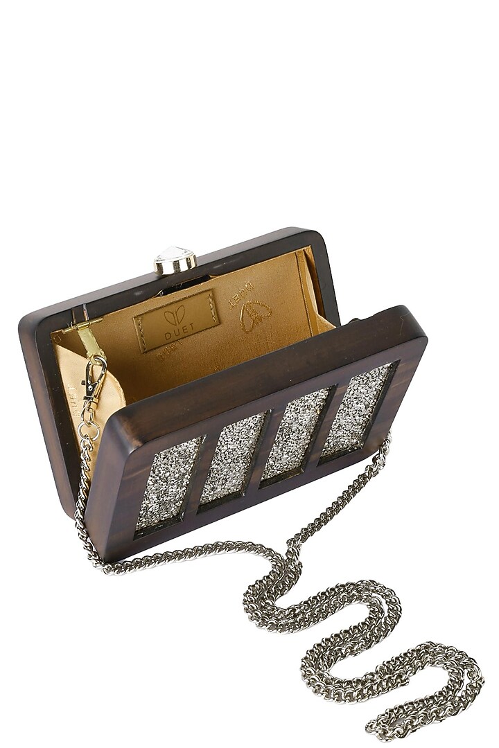 Duet luxury presents Black wood shiny silver swarovski mesh box clutch available only at Pernia's Pop Up Shop.