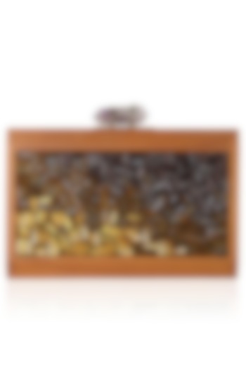 Walnut Frame Gold, Brown And Purple Crystals Embellished Rectangle Clutch by Duet Luxury