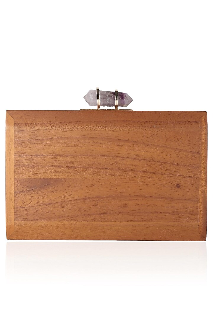Duet luxury presents Walnut frame gold, brown and purple crystals embellished rectangle clutch available only at Pernia's Pop Up Shop.