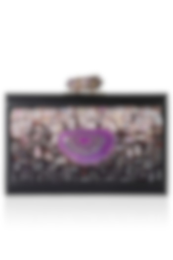 Black Frame Crystal And Purple Rock Embellished Rectangular Box Clutch by Duet Luxury