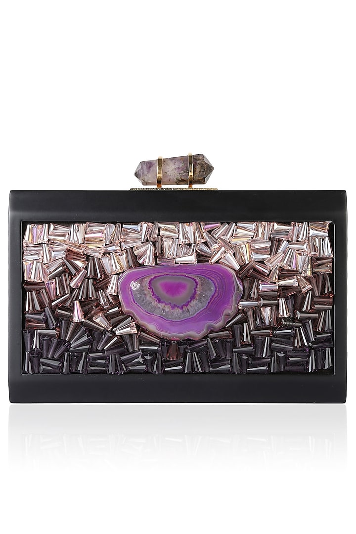 Black Frame Crystal And Purple Rock Embellished Rectangular Box Clutch by Duet Luxury