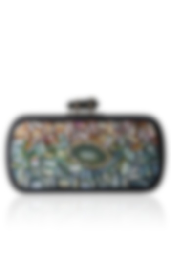 Black Frame Crystal And Green Rock Embellished Rectangular Box Clutch by Duet Luxury