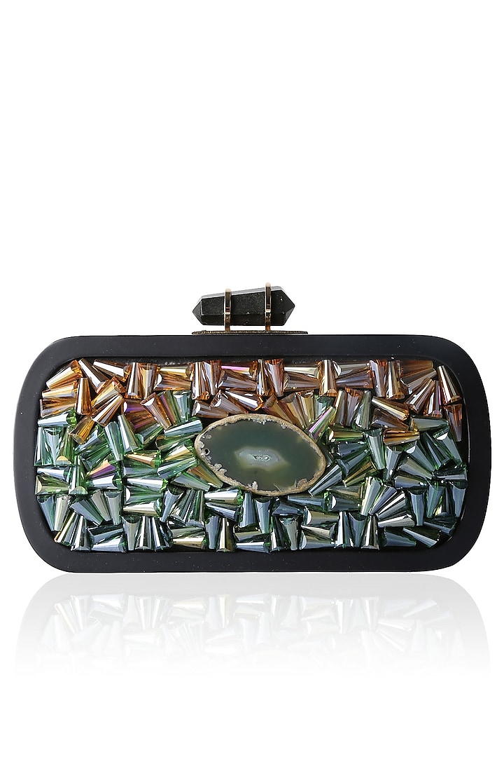 Black Frame Crystal And Green Rock Embellished Rectangular Box Clutch by Duet Luxury