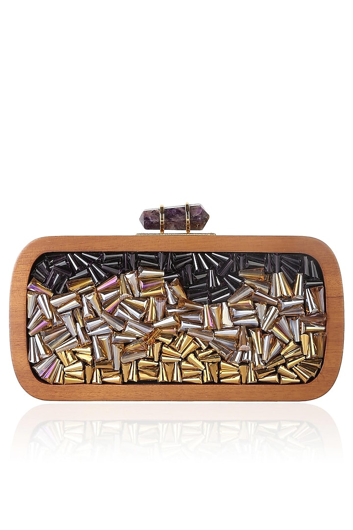 Walnut Frame Black And Purple Crystals Embellished Rectangular Box Clutch by Duet Luxury