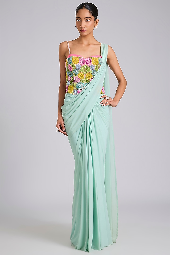 Blue Stretch Net Draped Wedding Saree Set by Dinesh Malkani at Pernia's Pop Up Shop