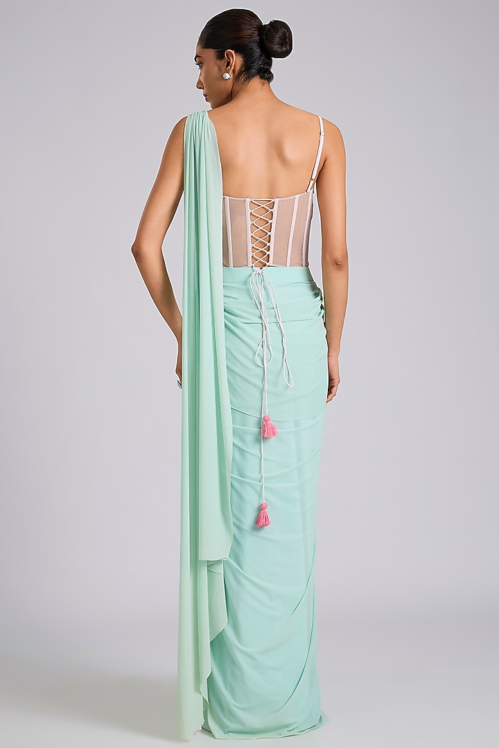 Blue Stretch Net Draped Wedding Saree Set by Dinesh Malkani at Pernia's Pop Up Shop