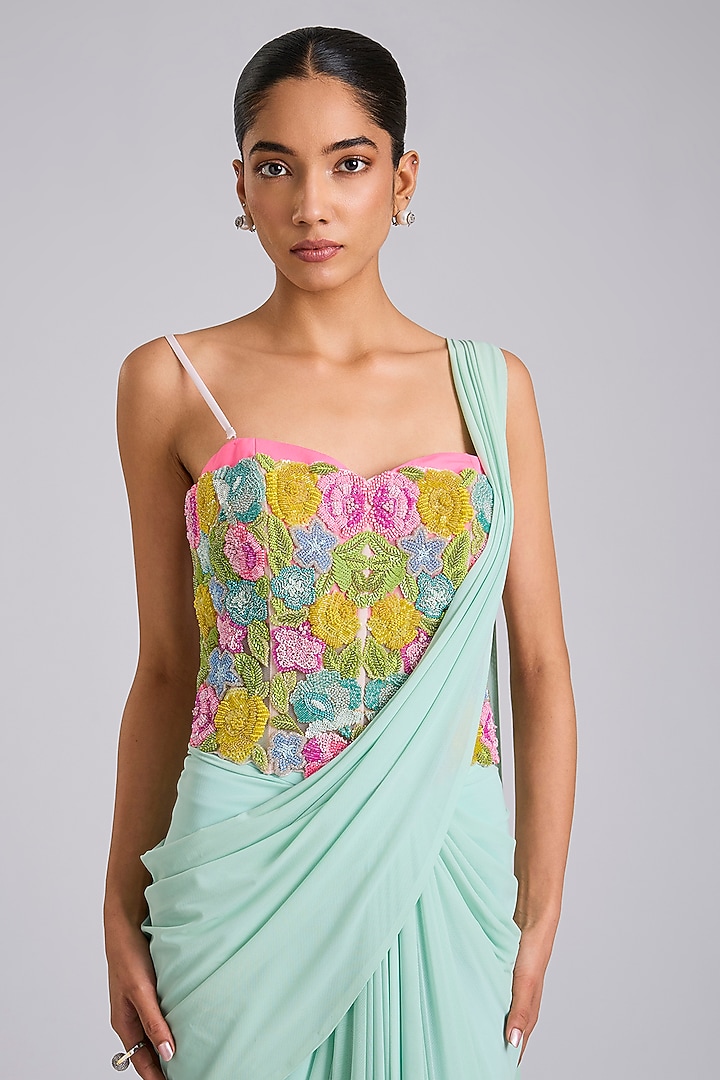 Blue Stretch Net Draped Wedding Saree Set by Dinesh Malkani at Pernia's Pop Up Shop