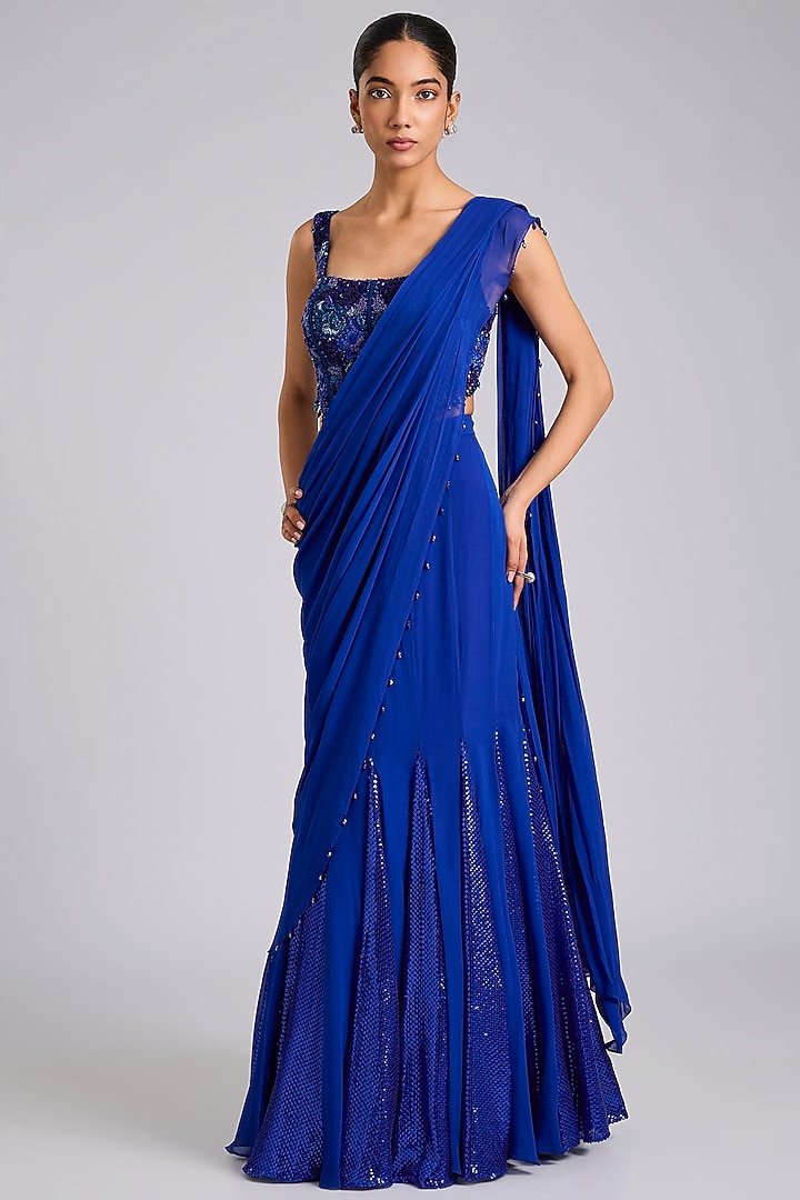 Blue Georgette Draped Skirt Wedding Saree Set by Dinesh Malkani at Pernia's Pop Up Shop