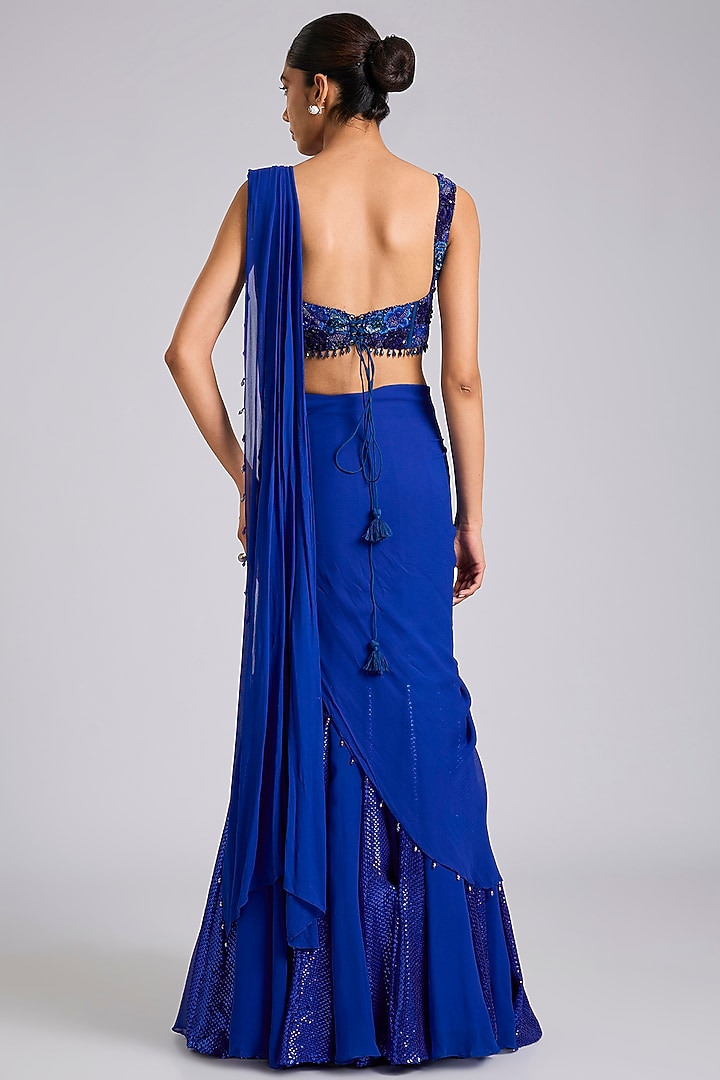 Blue Georgette Draped Skirt Wedding Saree Set by Dinesh Malkani at Pernia's Pop Up Shop