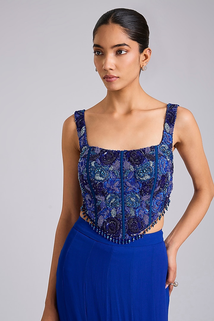 Blue Georgette Draped Skirt Wedding Saree Set by Dinesh Malkani at Pernia's Pop Up Shop