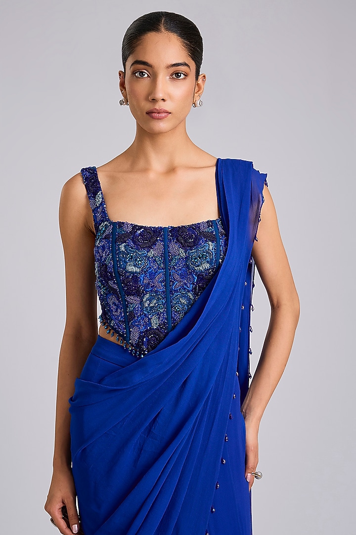 Blue Georgette Draped Skirt Wedding Saree Set by Dinesh Malkani at Pernia's Pop Up Shop