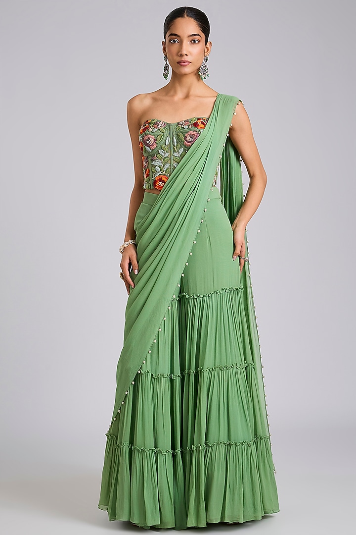 Green Georgette Pant Wedding Saree Set by Dinesh Malkani at Pernia's Pop Up Shop