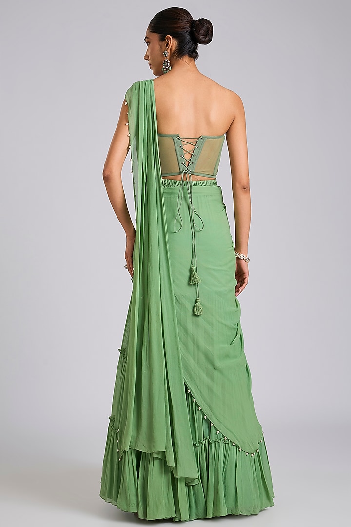Green Georgette Pant Wedding Saree Set by Dinesh Malkani at Pernia's Pop Up Shop