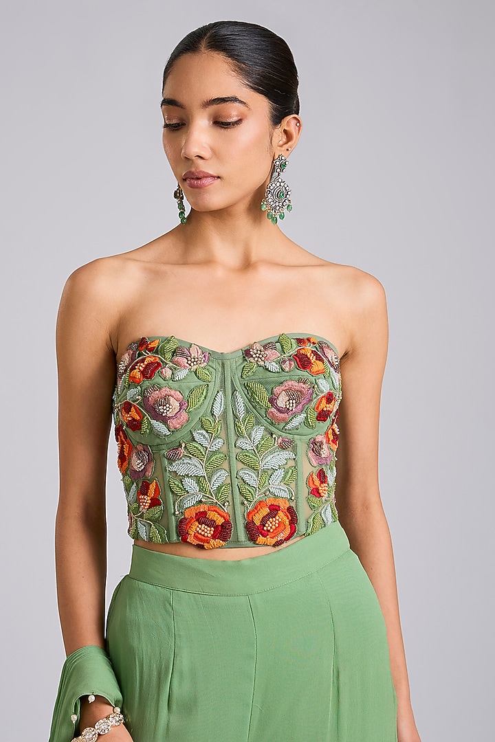Green Georgette Pant Wedding Saree Set by Dinesh Malkani at Pernia's Pop Up Shop