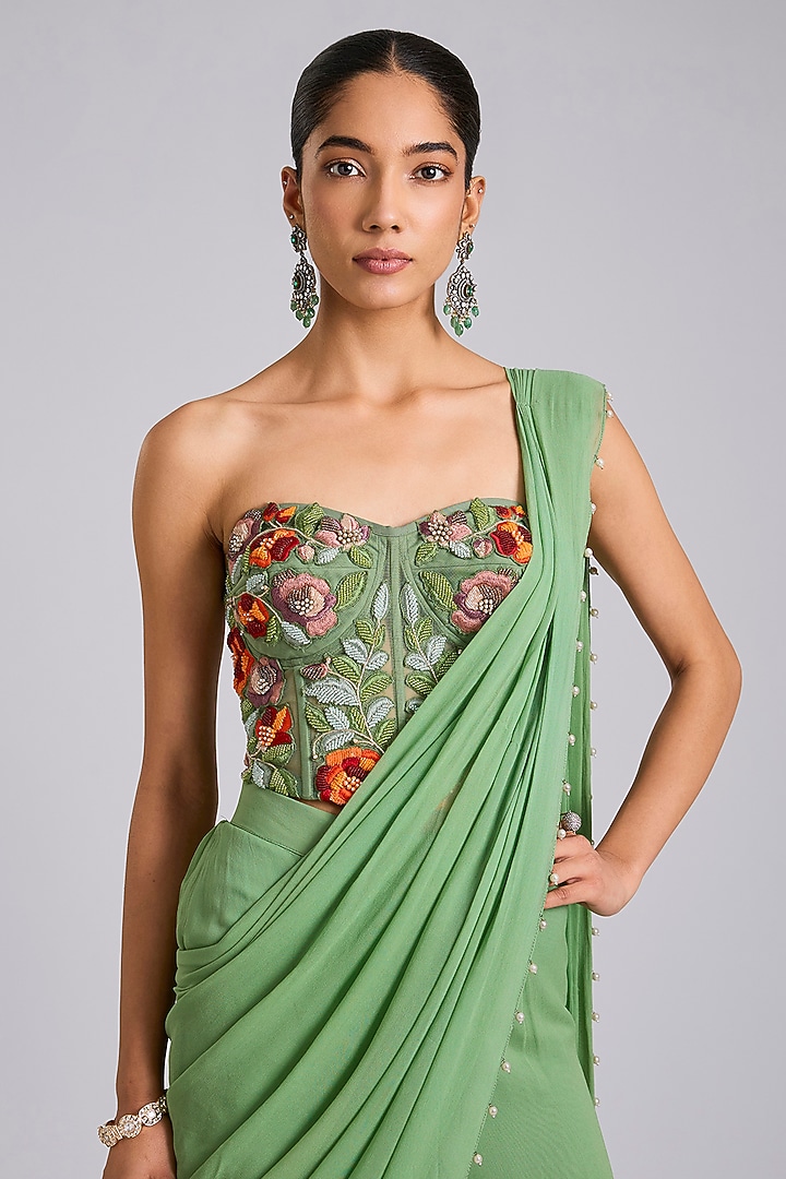 Green Georgette Pant Wedding Saree Set by Dinesh Malkani at Pernia's Pop Up Shop