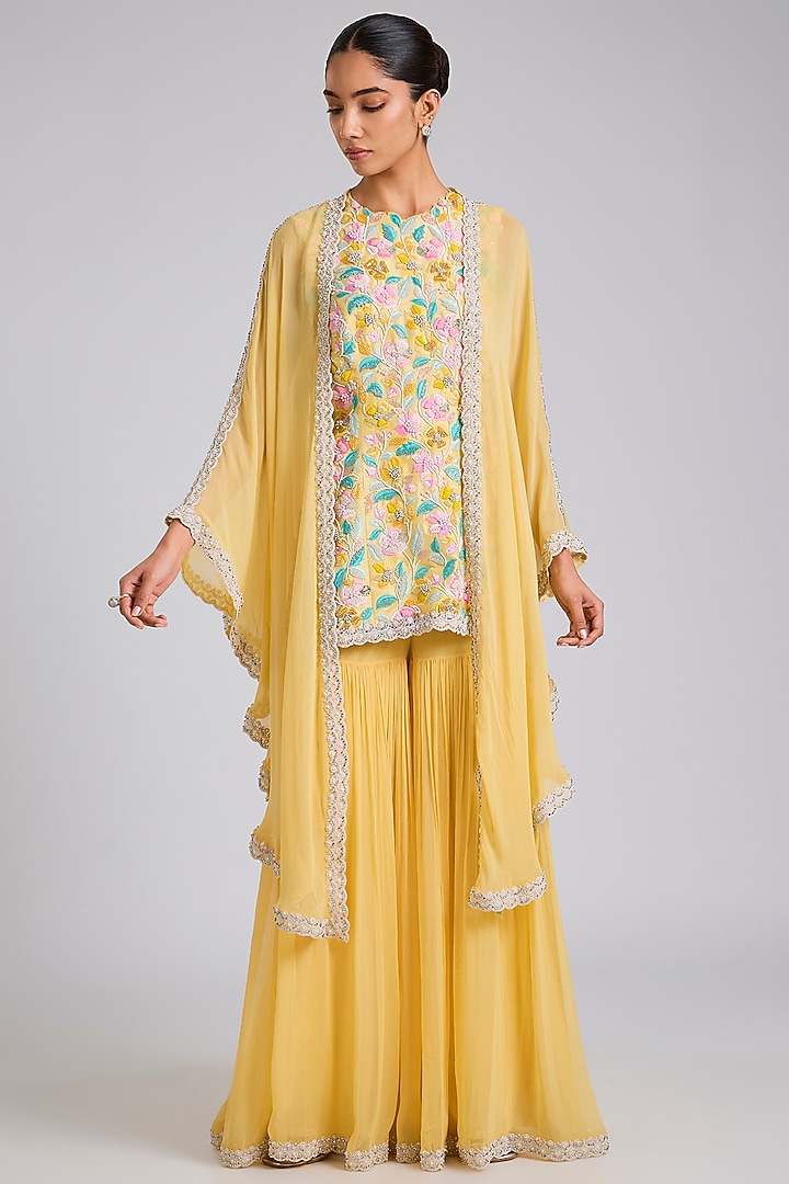 Yellow Georgette Wedding Sharara Set by Dinesh Malkani at Pernia's Pop Up Shop