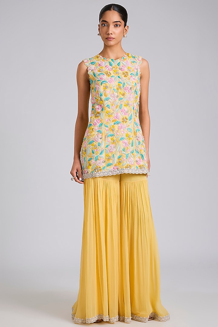 Yellow Georgette Wedding Sharara Set by Dinesh Malkani at Pernia's Pop Up Shop