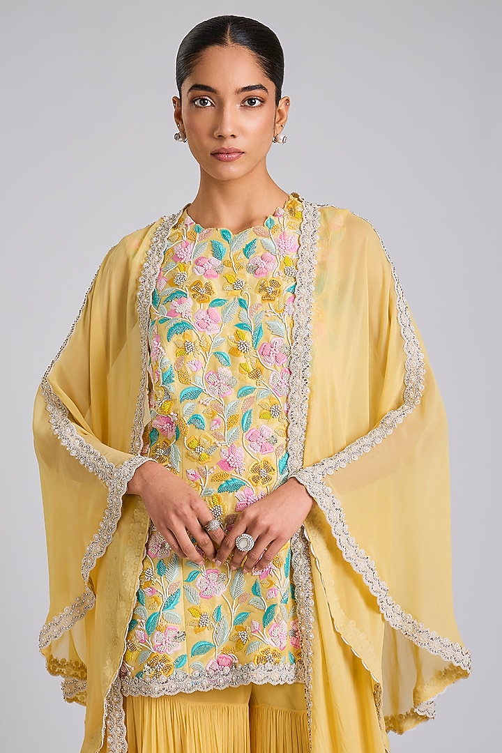Yellow Georgette Wedding Sharara Set by Dinesh Malkani at Pernia's Pop Up Shop
